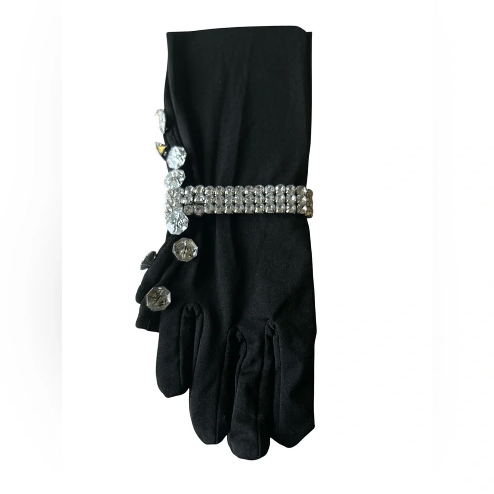 Elegant Long Black Satin Gloves w/Rhinestones stretchy Rhinestone Bracelet Prom